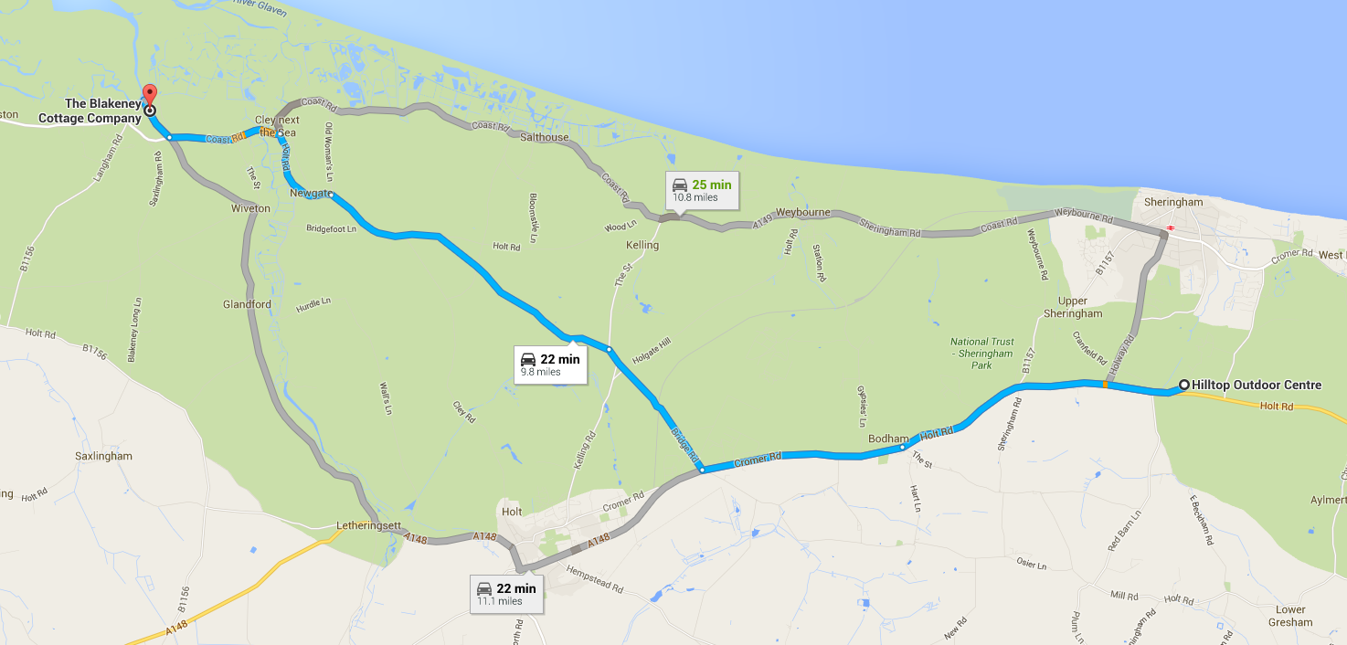 Map showing the route from Blakeney to Hilltop Outdoor Centre