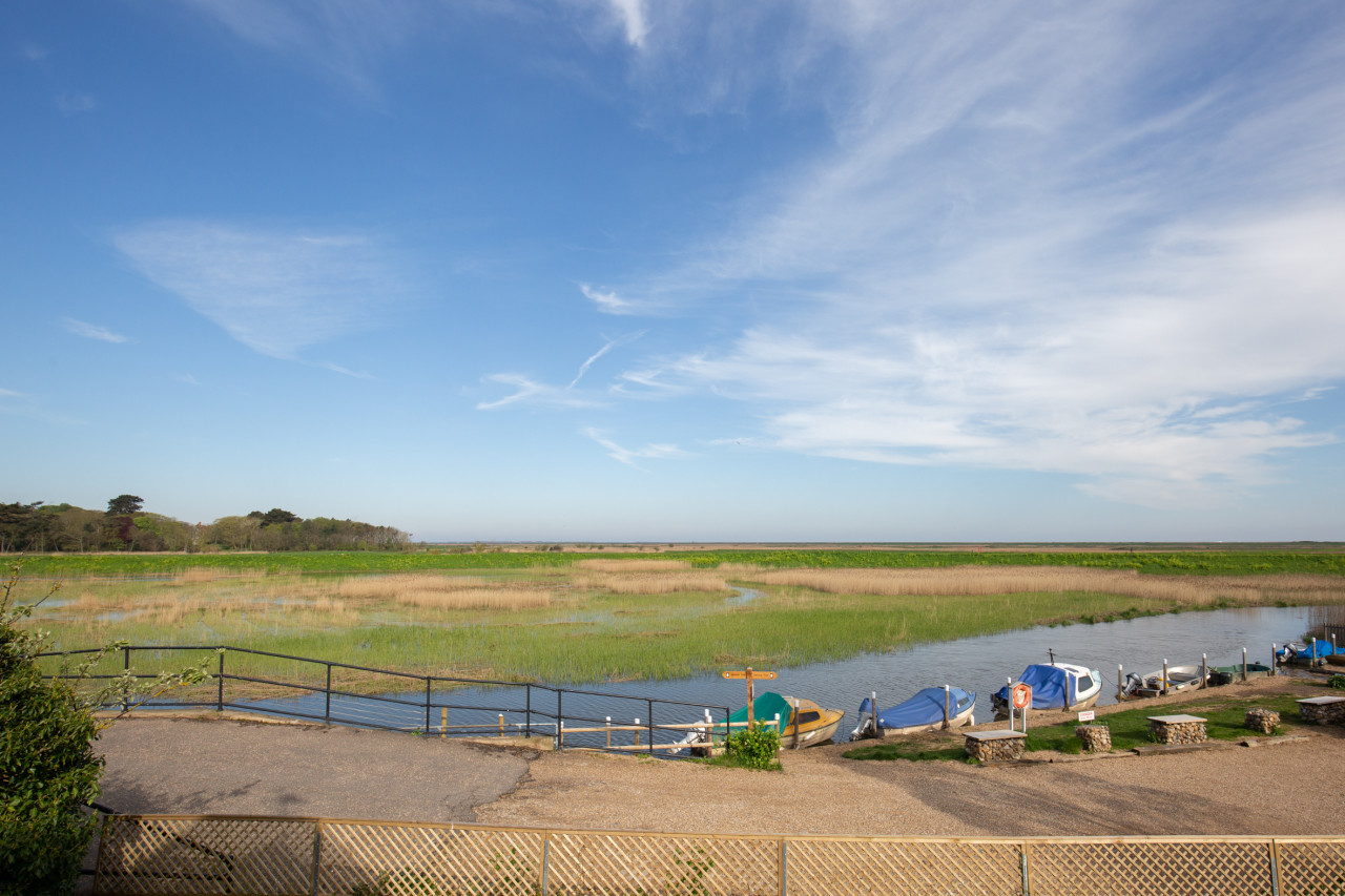 Scenic riverside view with boats moored at the bank, lush green reeds, and a clear blue sky. A serene, peaceful atmosphere is conveyed