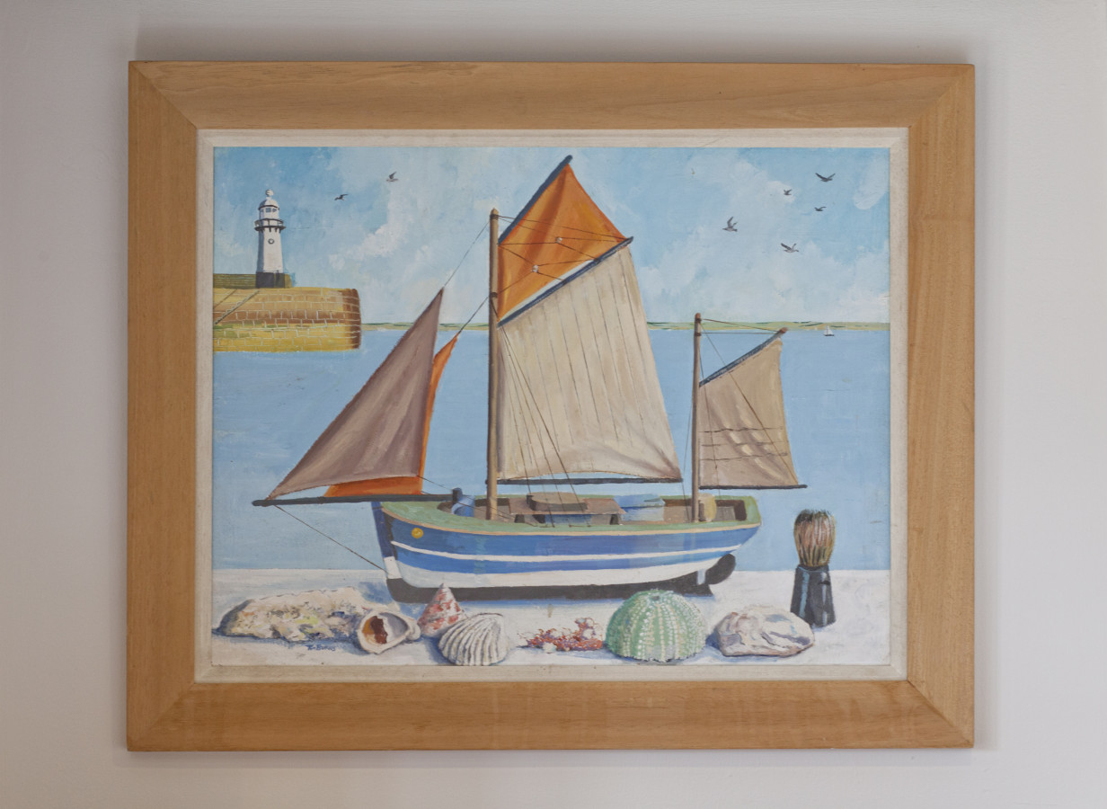 Painting of a sailboat with beige sails and a blue hull in calm sea. Seashells in the foreground, lighthouse on the horizon under a blue sky.